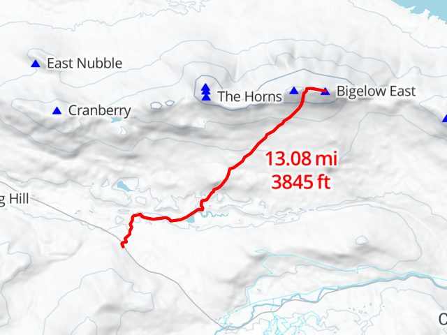 map showing route of David's hike to Bigelow East